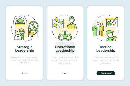 Levels of army leadership onboarding mobile app screen. Walkthrough 3 steps editable graphic instructions with linear concepts. UI, UX, GUI template. Montserrat SemiBold, Regular fonts used