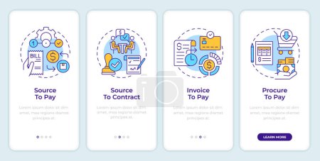 Spend management approaches onboarding mobile app screen. Walkthrough 4 steps editable graphic instructions with linear concepts. UI, UX, GUI template. Montserrat SemiBold, Regular fonts used