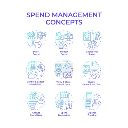 Spend management blue gradient concept icons. Expense reports, financial growth. Economic stability. Icon pack. Vector images. Round shape illustrations for infographic, presentation. Abstract idea