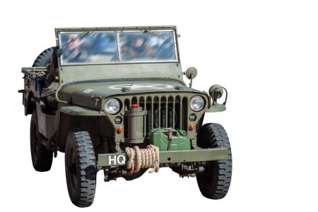 Very old American military light SUV, retro vintage car. Isolated on a white background