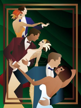 Illustration for Three couples in evening gowns dancing on a green background, poster, ball, style, art deco - Royalty Free Image