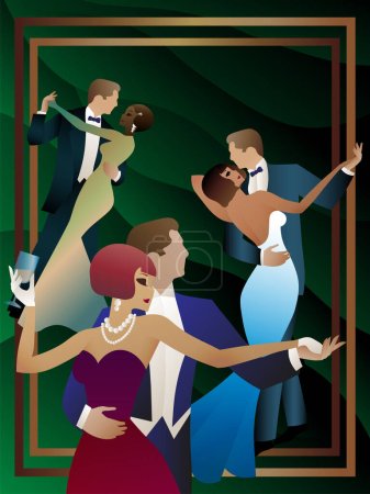 three couples in evening gowns dancing on a green background, poster, ball, style, art deco