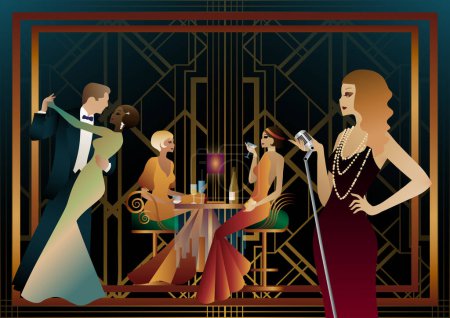 Illustration for A girl with a microphone, a couple of people dancing, people at a table with alcohol. Retro party in art deco style. Vector illustration - Royalty Free Image