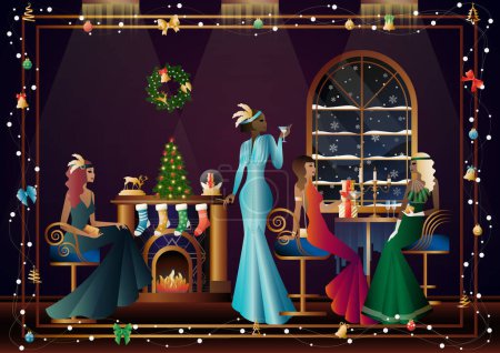 Téléchargez les illustrations : Des gens bien habillés près d'une cheminée décorée avec des amis la veille du Nouvel An dans un restaurant de luxe ou à la maison. Concept vacances, vacances d'hiver, Nouvel An, Noël - en licence libre de droit