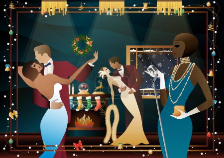 Illustration for Woman in a vintage dress with a retro microphone at the fireplace. The singer s performance at the New Year s holiday. Concept for holiday, winter holidays, New Year, Christmas - Royalty Free Image