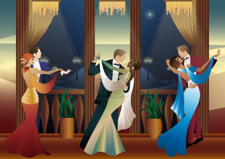 Téléchargez les illustrations : Homme et femme dansant sur le fond d'un balcon et lanternes, fête, art déco, couple dans un style rétro - en licence libre de droit