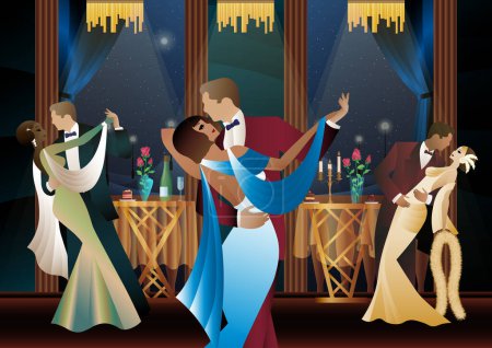 Téléchargez les illustrations : Homme et femme dansant sur le fond d'un balcon et lanternes, fête, art déco, couple dans un style rétro - en licence libre de droit
