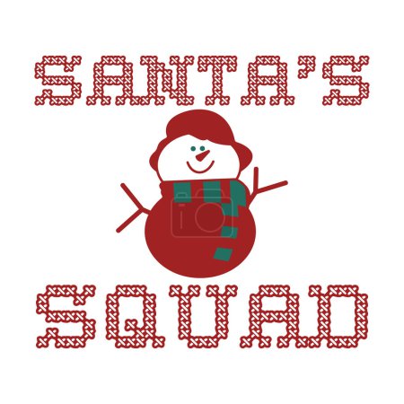 T-shirt imprimé coloré de Noël Design avec bonhomme de neige et citation - Santas Squad. Joyeux insigne de Noël isolé sur blanc. Bonnes vacances stock design,