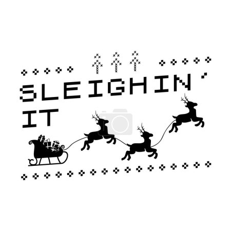 Camiseta Christmas Silhouette print Diseño con trineo. Feliz insignia de Navidad aislada en blanco. Feliz vacaciones stock design.