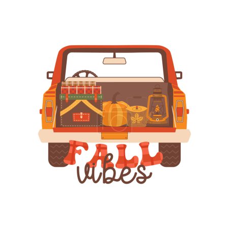 Autumn illustration - Fall vibes quote with camper car. Fall print design for tshirt, sublimation printing. Cozy autumn logo. Stock isolated on white background.