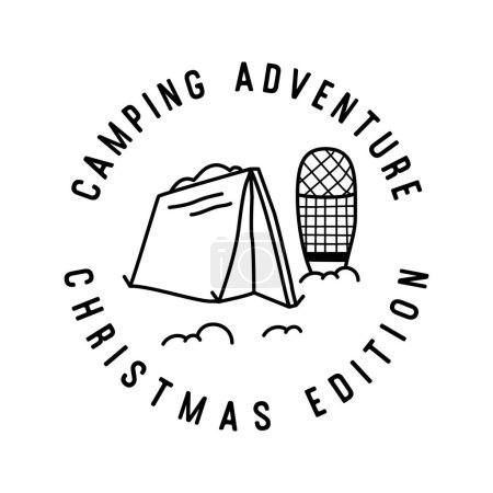 Illustration for Mountain Camping christmas badge design with tent in line art style and quote camping adventure christmas edition. Travel logo graphics. Stock vector label. - Royalty Free Image