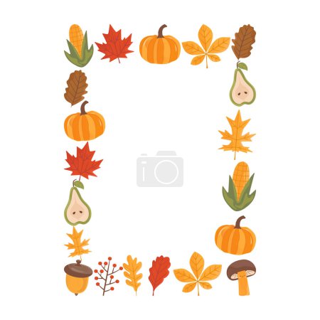 Illustration for Autumn card. Fall season cozy poster. Autumn thanksgiving seasonal banner with pear, mushrooms, chestnut leaves, pumpkin. Stock vector design. - Royalty Free Image