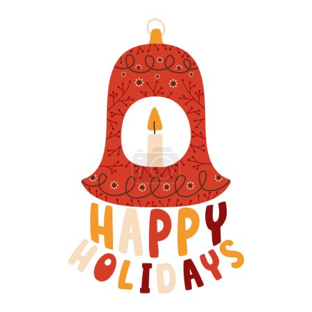 Ilustración de Diseño de la sublimación de Navidad con el juguete del árbol y la vela. Feliz insignia de Navidad aislada en blanco. Feliz vacaciones stock vector de diseño. - Imagen libre de derechos