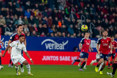 Photo for Madrid, Spain- February 18, 2023: League match between Real Madrid and Osasuna in Pamplona. Rodrygo Goes with the ball. Football game. Real Madrid player. - Royalty Free Image