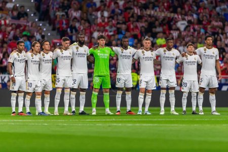 Photo for Madrid, Spain- September 24, 2023: League match between Atletico de Madrid and Real Madrid. Real Madrid lineup. Football players - Royalty Free Image