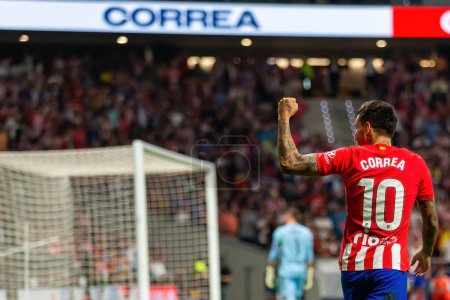 Photo for Madrid, Spain- October 1, 2023: Soccer league match between Atletico de Madrid and Cadiz played in Madrid. Atletico de Madrid players. Angel Correa scores a goal. - Royalty Free Image