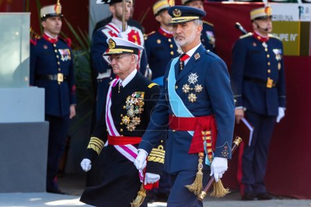 Photo for Madrid, Spain- October 12, 2023: Military parade in Madrid to celebrate Hispanic Day. The Princess of Asturias and the Kings of Spain preside over the parade. Princess Leonor in military uniform - Royalty Free Image