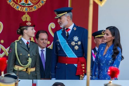 Photo for Madrid, Spain- October 12, 2023: Military parade in Madrid to celebrate Hispanic Day. The Princess of Asturias and the Kings of Spain preside over the parade. Princess Leonor in military uniform - Royalty Free Image