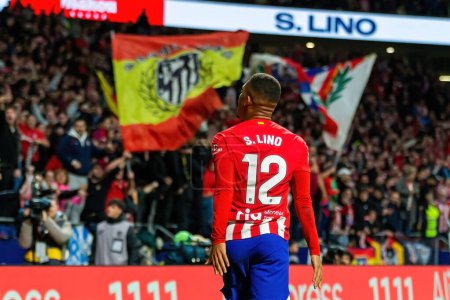 Photo for Madrid, Spain- November 12, 2023: League match between Atletico de Madrid and Villareal at the Metropolitano. Samuel Lino scores a goal. Football players. - Royalty Free Image