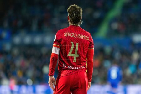 Photo for Madrid, Spain- January 16, 2024: Copa del Rey match between Getafe f.c and Sevilla f.c. Sevilla victory. Sevilla f.c players during the match. Sergio Ramos captain of the Andalusian team. - Royalty Free Image