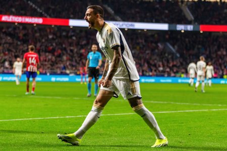Photo for Madrid, Spain- January 18, 2024: Copa del Rey match between Atletico de Madrid and Real Madrid at the metropolitan. Joselu during the game. Football players. Madrid derby. - Royalty Free Image