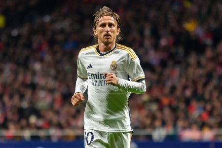 Photo for Madrid, Spain- January 18, 2024: Copa del Rey match between Atletico de Madrid and Real Madrid at the metropolitan. Luka Modric during the match. Football players. Madrid derby. - Royalty Free Image