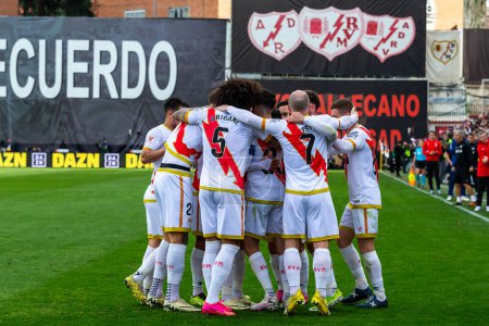 Photo for Madrid, Spain- February 18, 2024: League match between Rayo Vallecano and Real Madrid played in the capital. Rayo Vallecano goal. Madrid derby. Professional soccer players. - Royalty Free Image