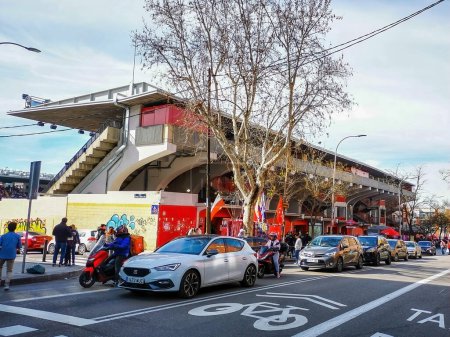 Photo for Madrid, Spain- February 18, 2024: Rayo Vallecano fans fight so that their soccer stadium is not destroyed. Rayo Vallecano forced to change its soccer stadium due to lack of security. - Royalty Free Image