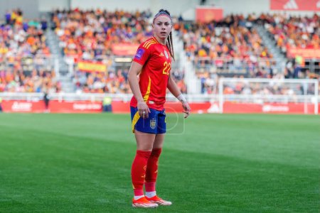 Photo for Burgos, Spain- April 9, 2024: Match of the Spanish women's soccer team against the Czech Republic held in Burgos. Athenea with the ball. Women soccer players. Women's Football. - Royalty Free Image
