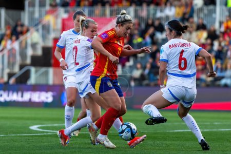 Photo for Burgos, Spain- April 9, 2024: Match of the Spanish women's soccer team against the Czech Republic held in Burgos. World champions. Women soccer players. Women's Football. - Royalty Free Image