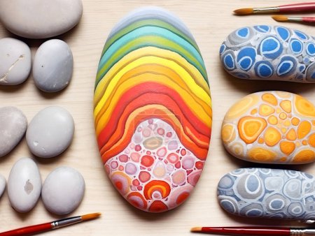 Piedras naturales redondas pintadas con líneas y patrones decorados