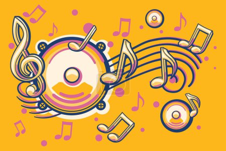 Téléchargez les illustrations : Haut-parleur dessiné coloré avec clef et notes - design mélodique musical - en licence libre de droit