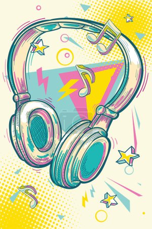 Music design - colorful graffiti drawn musical headphones and notes