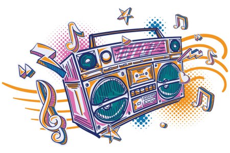 Illustration for Music design - funky colorful drawn boom box tape recorder with musical notes - Royalty Free Image