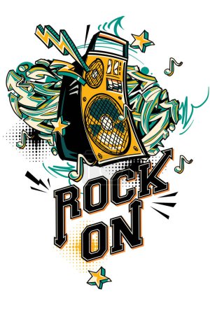 Téléchargez les illustrations : Rock on - design musical avec haut-parleur et flèches graffiti - en licence libre de droit