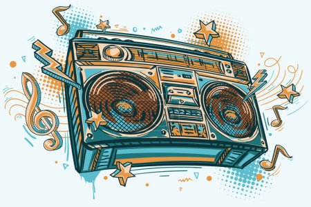 Illustration for Music design - hand drawn colorful boom box tape recorder and musical notes - Royalty Free Image