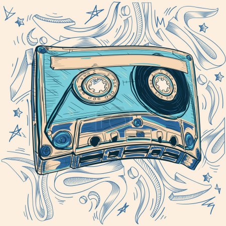 Téléchargez les illustrations : Design musical - cassette audio dessinée sur fond de flèches graffiti - en licence libre de droit