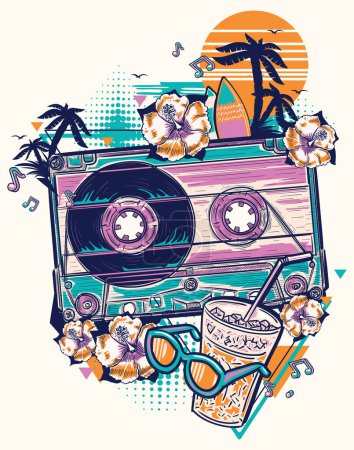 Ilustración de Diseño de música disco tropical funky - audiocassete, bebida, gafas de sol y palmeras con flores al atardecer - Imagen libre de derechos