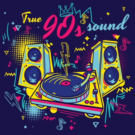 Ilustración de Verdadero sonido de los 90 - giradiscos dibujados con altavoces, colorido diseño de música funky - Imagen libre de derechos