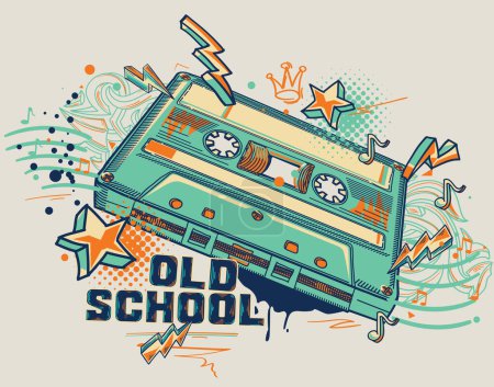 Illustration for Old school - funky colorful music audio cassette design with notes and graffiti arrows - Royalty Free Image