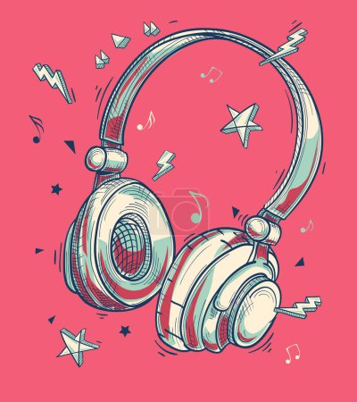Illustration for Music design - colorful drawn musical headphones and notes - Royalty Free Image
