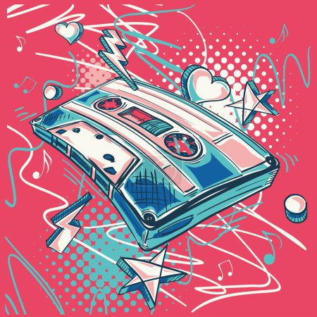 Téléchargez les illustrations : Design musical - cassette audio dessinée colorée sur fond de graffiti street art - en licence libre de droit