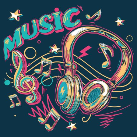 Téléchargez les illustrations : Design musical - écouteurs dessinés colorés et notes de musique - en licence libre de droit