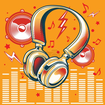 Téléchargez les illustrations : Playing musical colorful wireless headphones - music design - en licence libre de droit