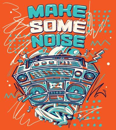Ilustración de Make some noise - drawn colorful musical design with boombox and graffiti arrows - Imagen libre de derechos
