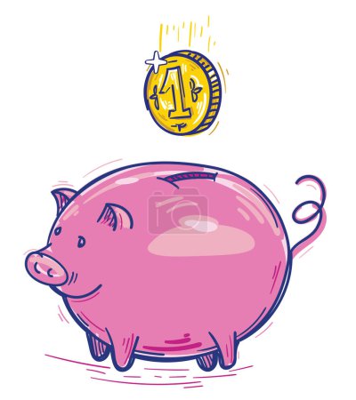 Téléchargez les illustrations : Cartoon drawn piggy bank with gold coin - en licence libre de droit