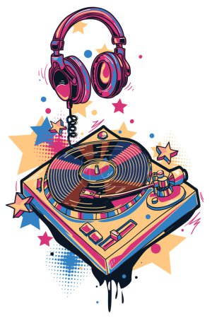 Téléchargez les illustrations : Musical turntable and headphones, colorful drawn music design - en licence libre de droit