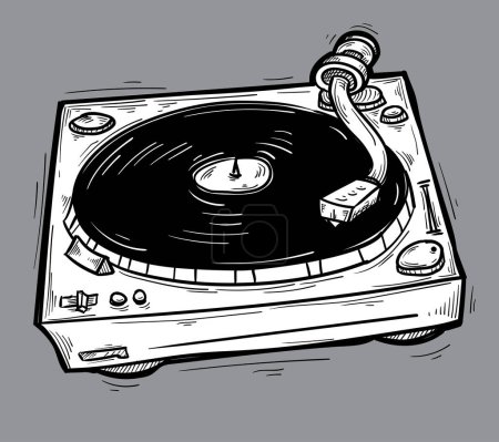 Ilustración de Drawn monochrome musical turntable vinyl record player - Imagen libre de derechos