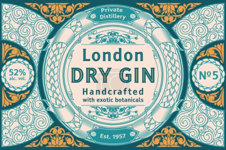 Téléchargez les illustrations : Gin sec - étiquette décorative vintage ornée - en licence libre de droit