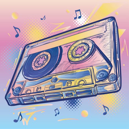 Illustration for Drawn colorful musical audio cassette design - Royalty Free Image